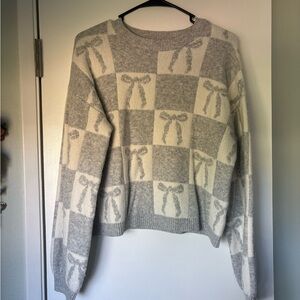 a new day Gray and Cream Bow Pattern Sweater